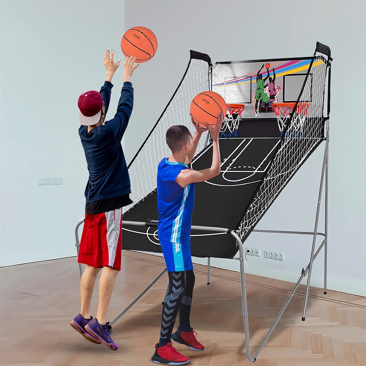 RELAX4LIFE Basketball Automat Elektronisch, Basketball Schießmaschine Klappbar, Baskeltballständer Doppelschuss mit 8 Spielmodi&Anzeigetafel, inkl. 2 Körben, 4 Bällen&Pumpe, Arcade Basketballspiele