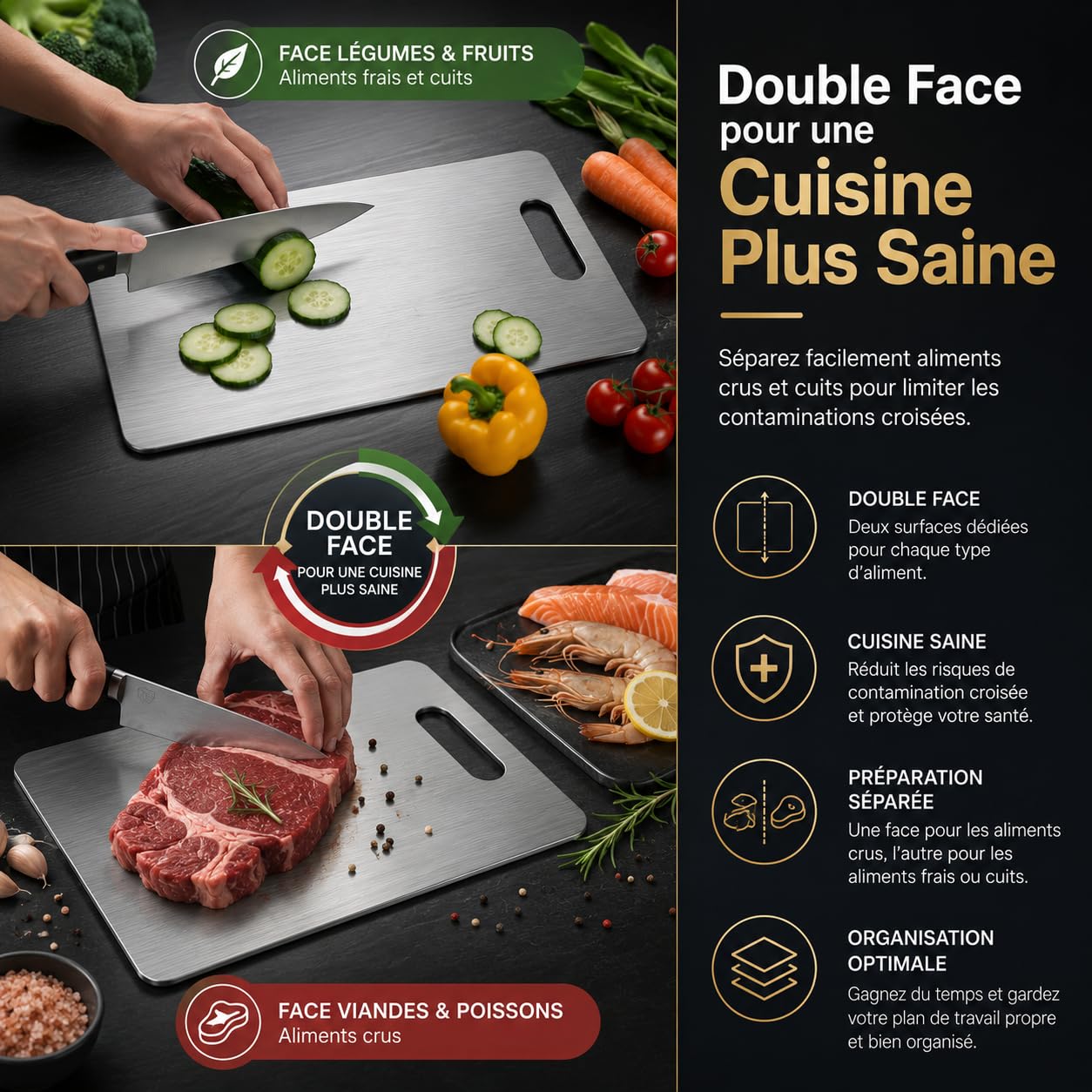 Tagliere in titanio double-face, antibatterico, inodore, lavabile in lavastoviglie, superficie senza BPA, 39 x 28 x 0,2 cm, durevole