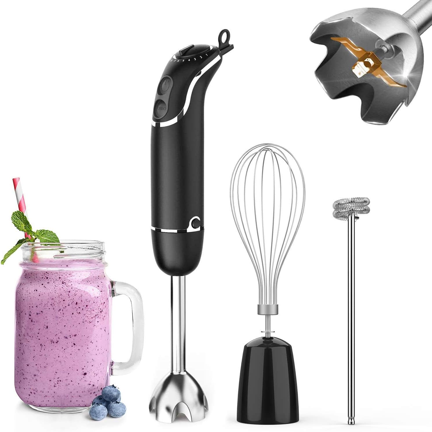 KOIOS 800-Watt/ 12-Speed Immersion Hand Blender(Titanium Reinforced), Turbo for Finer Results, 3-in-1 Set Includes BPA-Free Blender Stick / Egg Beater /Milk Frother Ergonomic Grip, Detachable