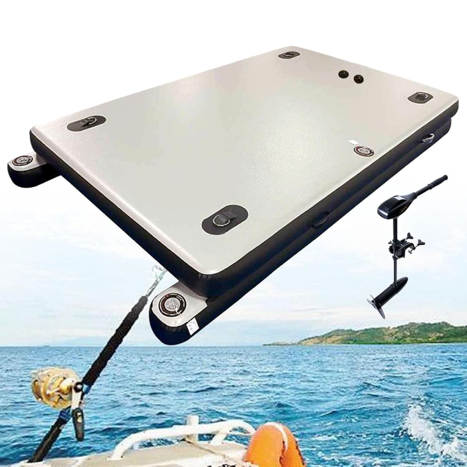 Muelle de pesca inflable, plataforma flotante inflable de 2 m/2,5 m, 400 kg de carga, bote de pesca inflable portátil, isla flotante plegable, colchoneta de agua para exteriores, balsa 2.5M-12Vmotor