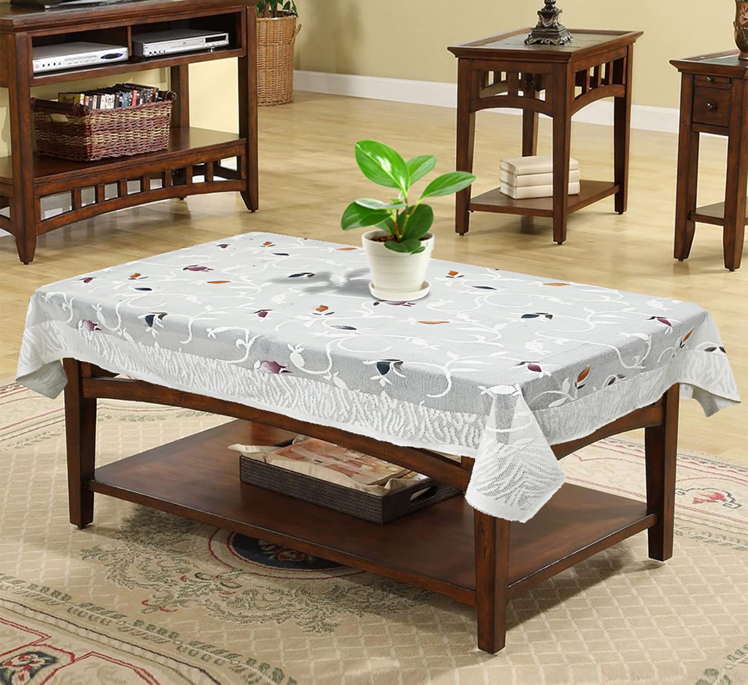Kuber Industries Leaf Printed Cotton 4 Seater Center Table Cover,40"x60" (White)-44KM021