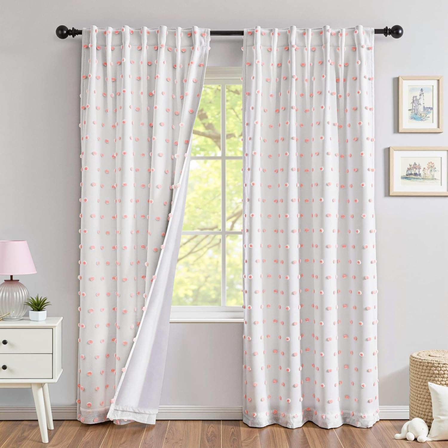 MYSKY HOME 100% Blackout Curtains for Nursery Thermal Insulated Pink Pom Pom Curtain 72 Inch Length for Girls Bedroom 2 Panels Back Tab White Sheer Drapes for Kitchen Dining Room Door, 52W x 72L