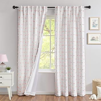 MYSKY HOME Pink Blackout Curtains for Girls Bedroom 84 Inches Long Total Light Blocking Girl Room Curtain 2 Panels Room Darkening Back Tab Window Drapes with Pom Pom Sheer 52W x 84L