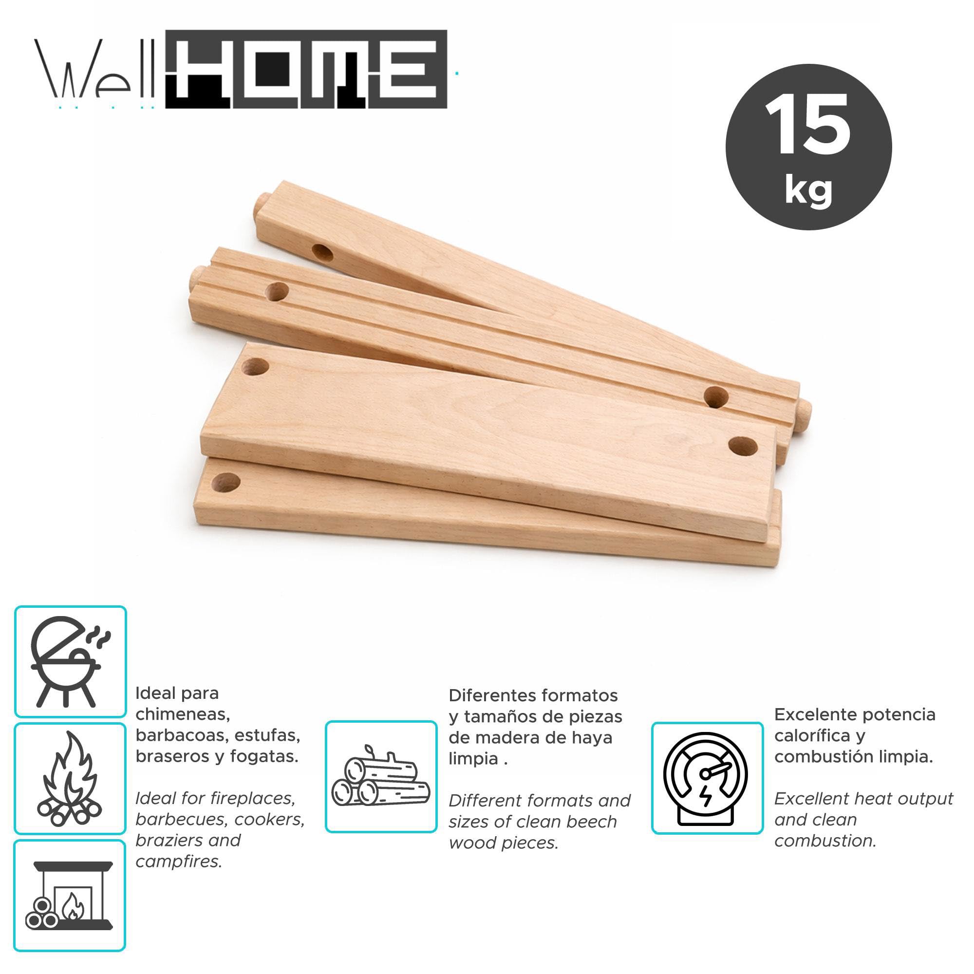 Caja de Leña de Haya 15 kg/Madera Seca Natural en Piezas Mecanizadas y Lijadas/Corte Uniforme/para Chimeneas, Barbacoas y Hornos/Sin Tratamientos