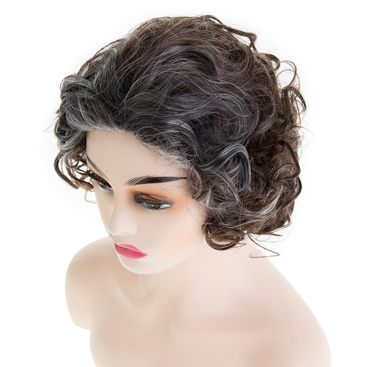 Short Brown Curly Wigs for Women Synthetic Mixed Grey Big Curly Bob Wig Modern Cosplay Hair