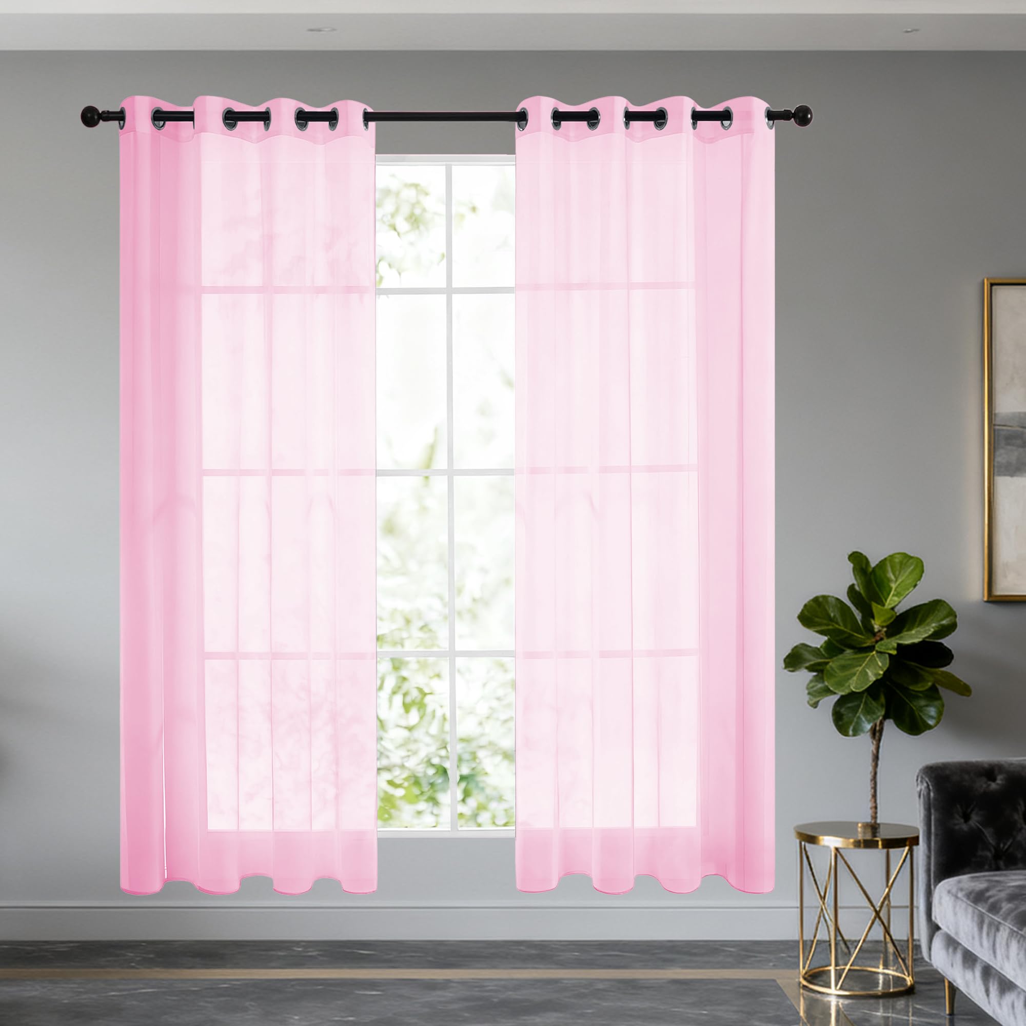 Voilages 300 x 265 cm rose à oeillets pour salon et chambre