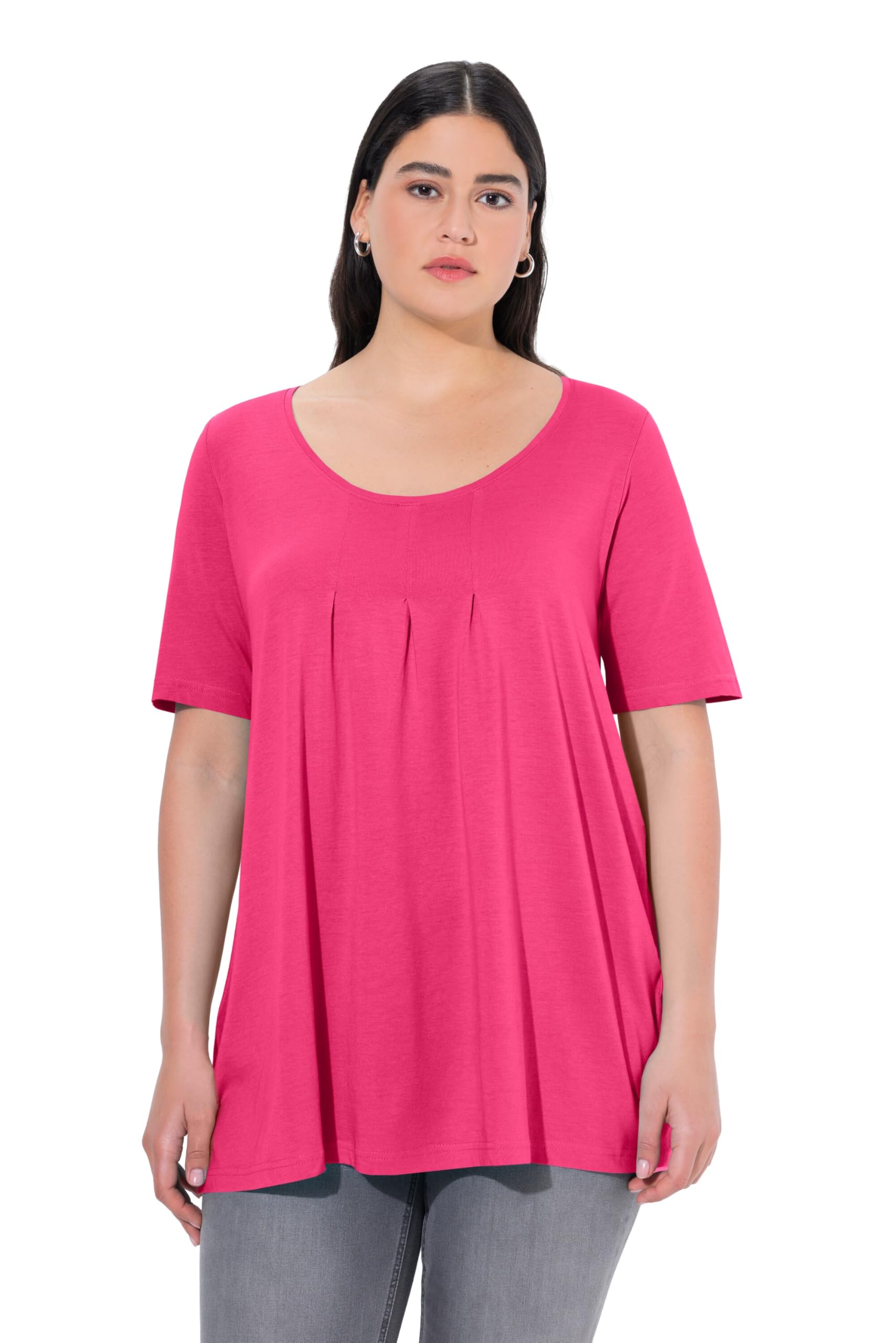Ulla Popken T-Shirt, Zierfalten, A-Linie, Rundhals, Halbarm, Modal T-Shirts, Magenta Pink