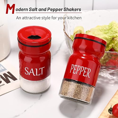 Miniatura 7 de Juego de saleros y pimenteros, saleros y pimenteros de granja con agujeros ajustables para verter, salero y pimentero moderno, salero rojo