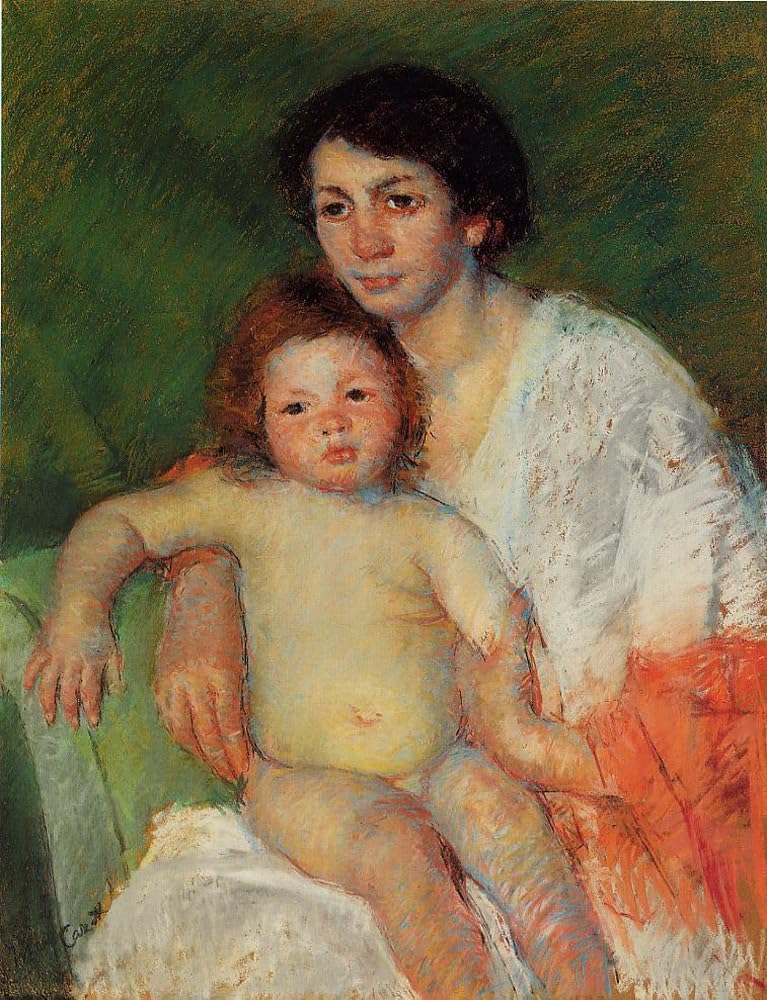 Amazon｜17 アート絵画 母親の膝の上で椅子の背もたれに腕を休める子供