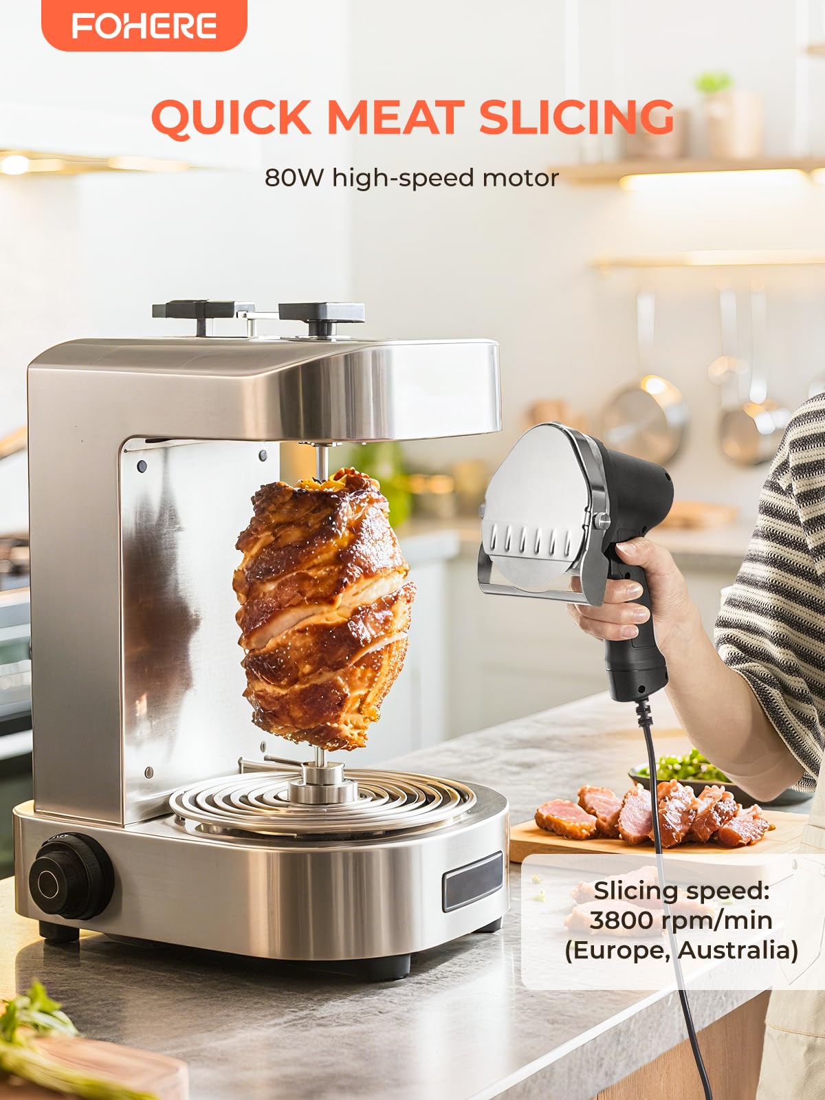 FOHERE Couteau à Kebab Electrique, Epaisseur de Coupe Réglable 0-8mm, 3800 RPM, Trancheuse à Viande Turc Shawarma Döner Kebab avec 2 Lames D100 mm, pour Restaurant, Snack-bar