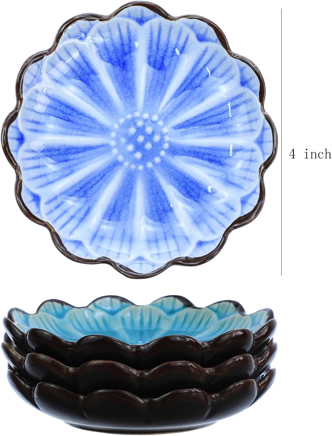 Gaolinci 4 Inches Lotus Shaped Ice Crack Ceramics Seasoning Dishes/Tea Bag Holders/Ketchup Saucer/Appetizer Plates/Vinegar Spice Salad Soy Sushi Wasabi Seasoning Dipping Dishes (Set of 4)