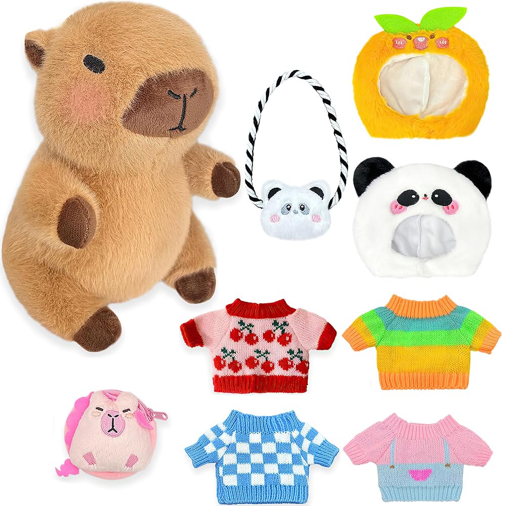 KBIBCK Capybara Plush with 9PCS Clothes&Accessories, 25cm Capybara Stuffed Animal, Cute CapybaraTeddy