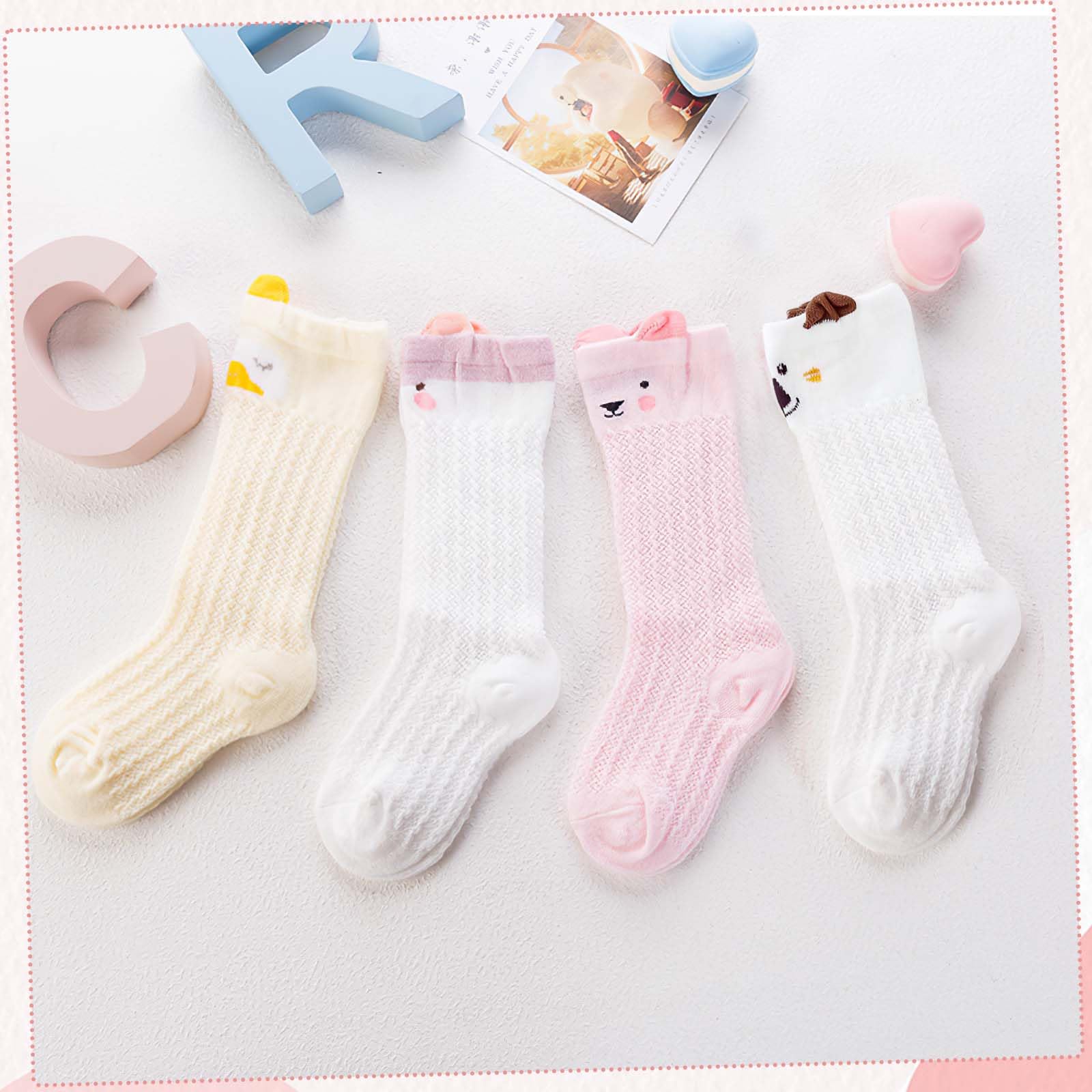 TecoKart® 4 Pairs Knee Length Socks for Baby Girl | Thin Mesh Baby Girl Socks for Spring & Summer | Cute Breathable Stockings for Girls Kids | Age 1-3 Years 4