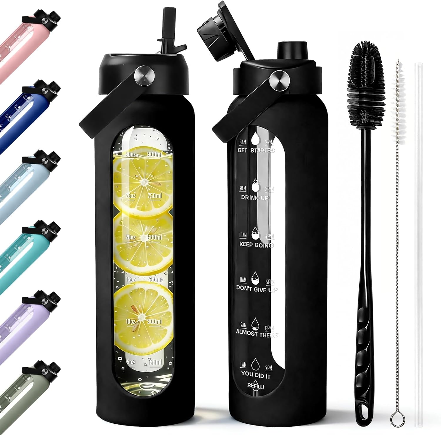 Aqulea 32 oz Glass Water Bottle with 2 Lids – Spout & Straw Lids, 1L Motivational Borosilicate Glass Water Bottle with Time Marker & Silicone Sleeve, Leakproof (Black)