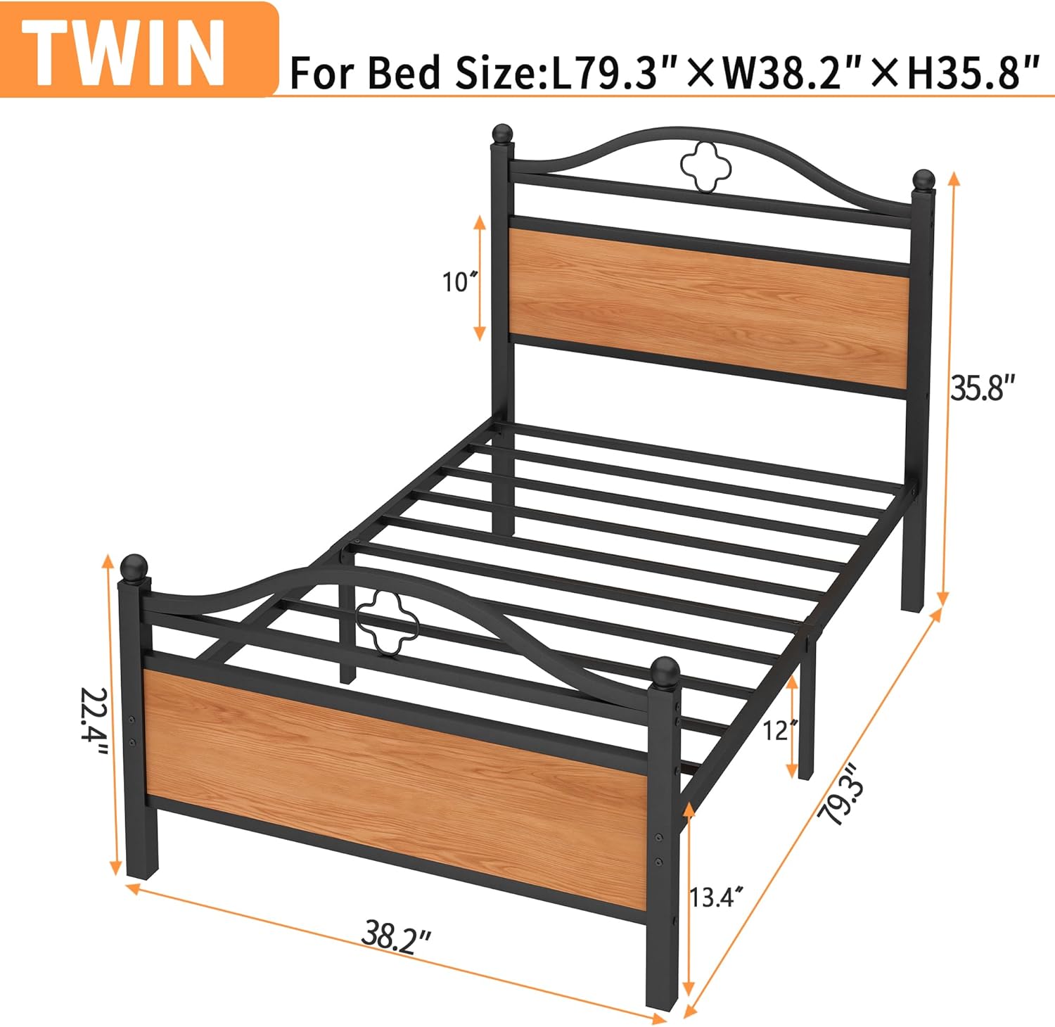 Twin Bed Frame with Headboard,Heavy Duty Steel Slats Support Mattress Foundation-Under Bed Storage, No Box Spring Needed, Noise Free，Black