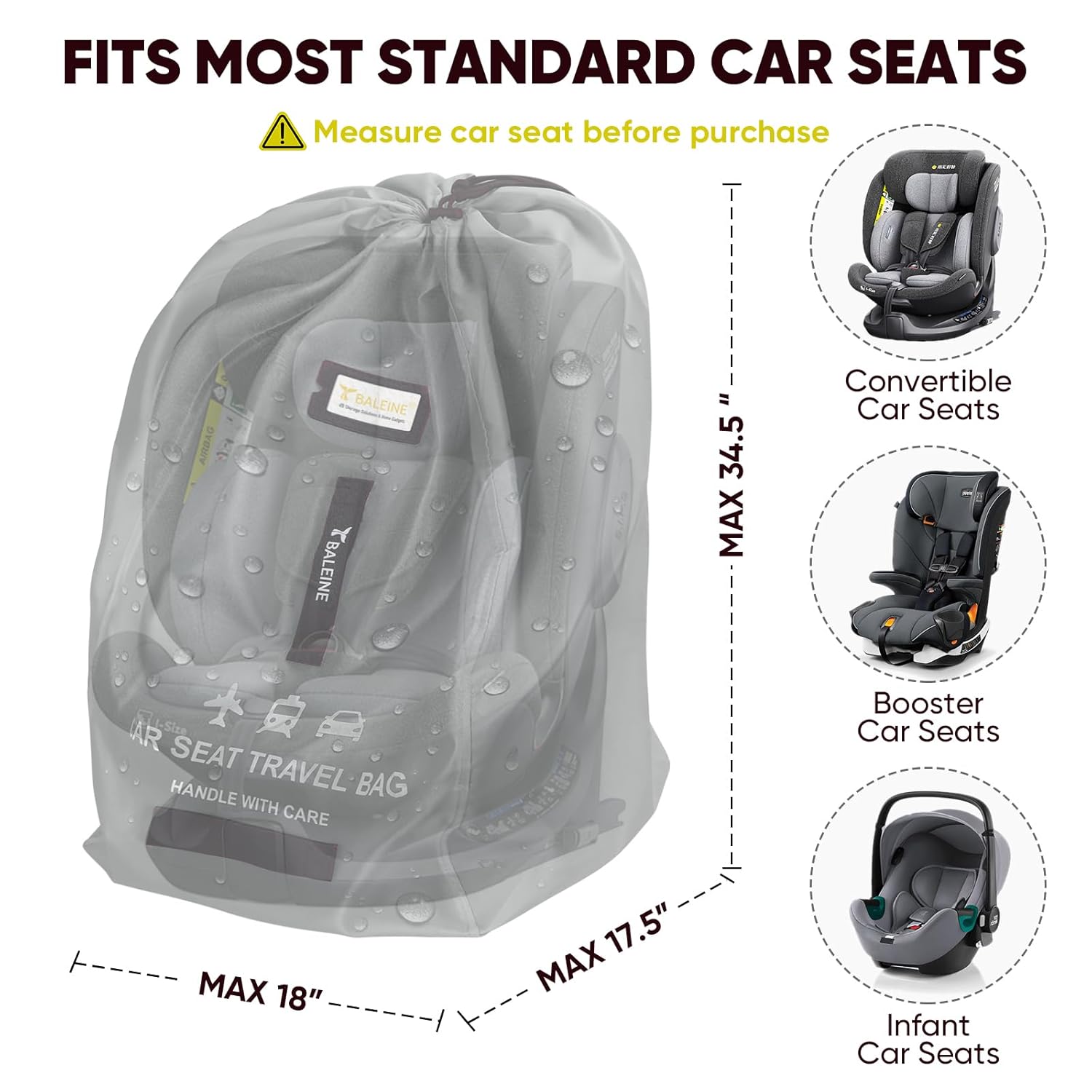 BALEINE Car Seat Travel Bag for Airplane, Water-Resistant Car Seat Bags for Air Travel, Foldable Cover with 3 Handles, Fits Toddler Carseat, Convertible and Booster Seats (Gray)