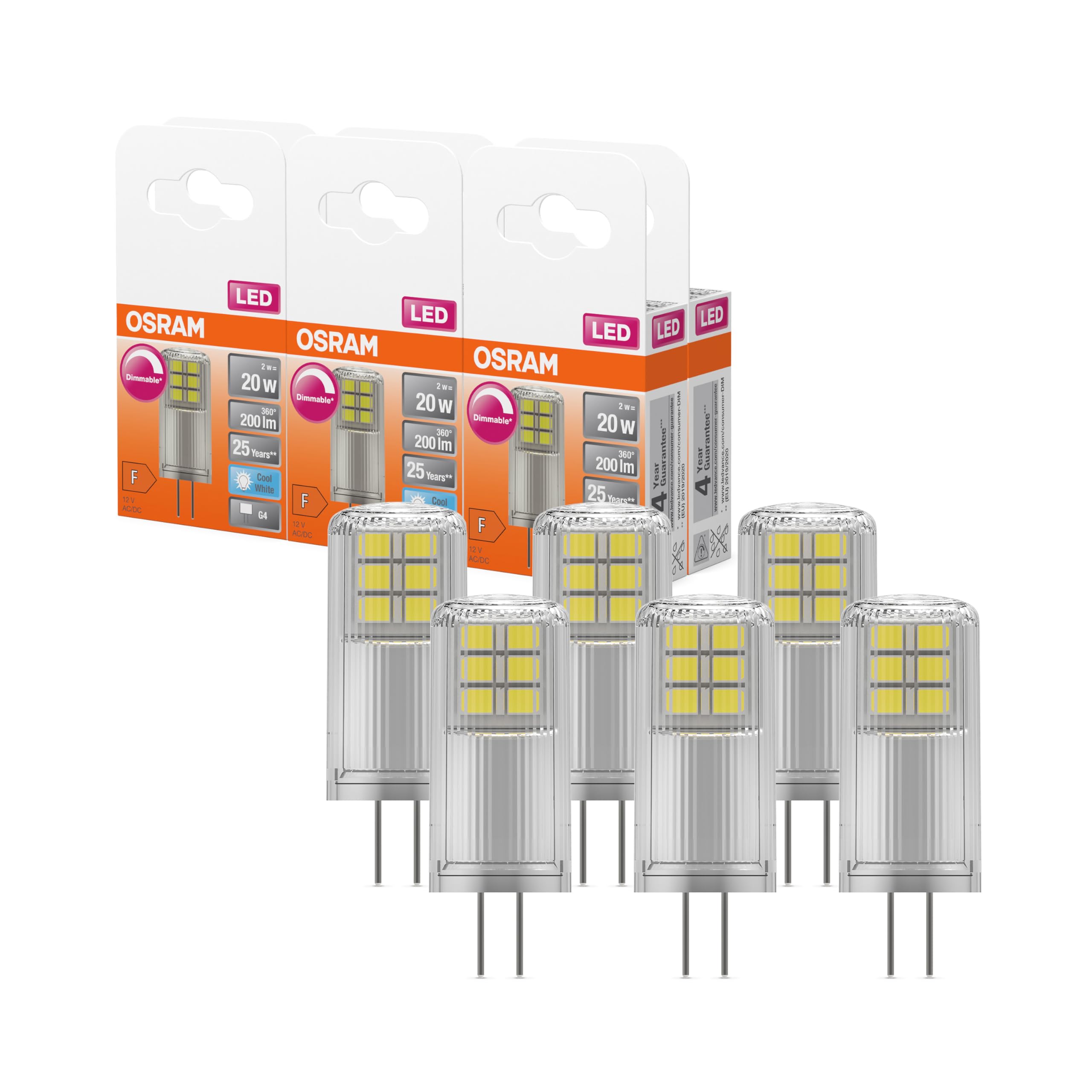 Osram SPECIAL PIN CL 20 LED-Lampe mit Retrofit-Stecksockel G4, dimmbar, Pin-Form, 2W, 200lm, 4000K, kaltweißes Licht, gute Rundumlichtausstrahlung, lange Lebensdauer, 6-Pack