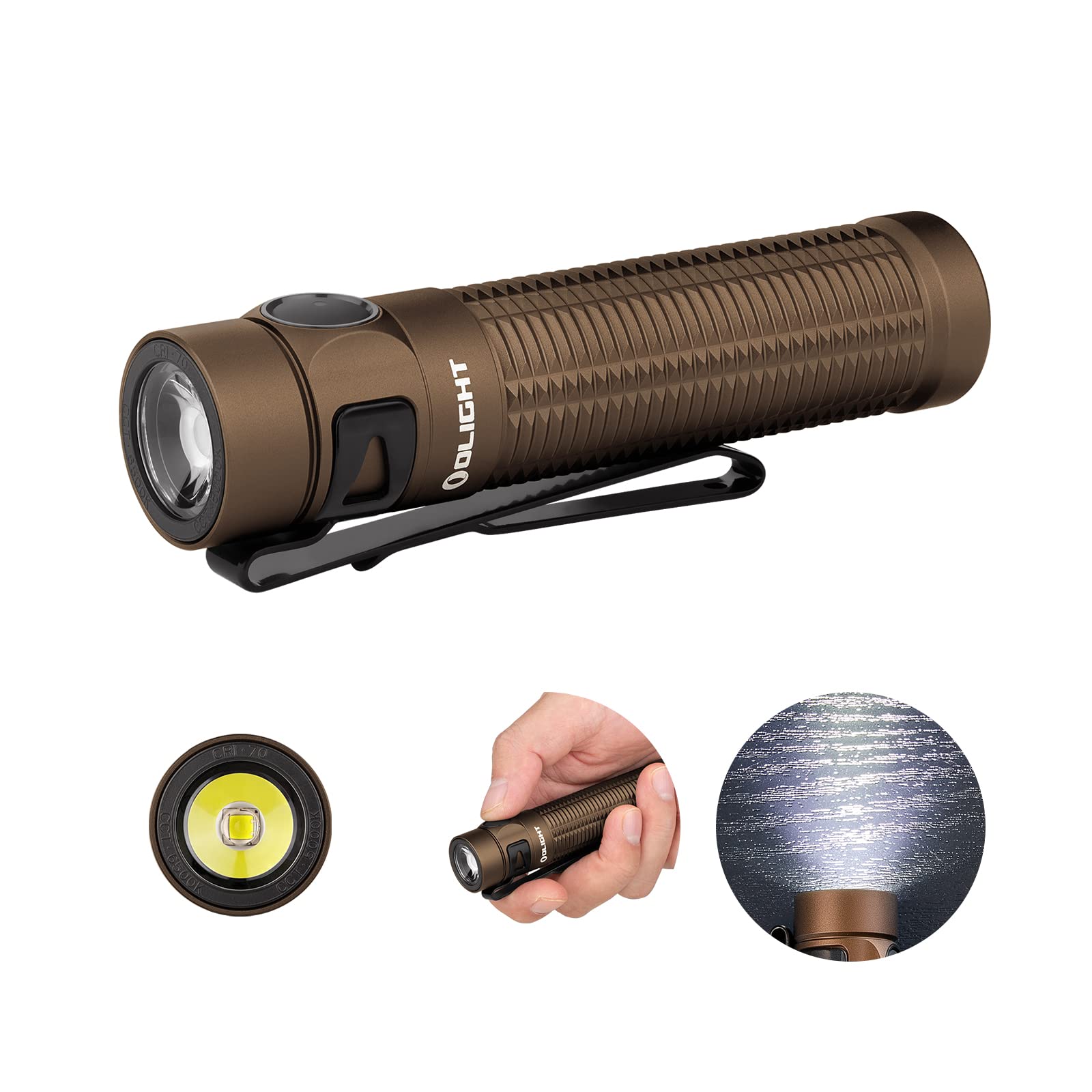 OLIGHT Baton3 Pro 1500 LM EDC Rechargeable LED Torch,High Lumens Pocket Flashlight for Outdoors,Indoors and Emergency (Cool White (5700K~6700K), Desert Tan)