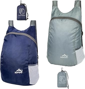 2 Pack 20L Small Foldable Lightweight Packable Backpack Navy Grey | Waterproof, Tearproof Nylon, Folds Small, Great for Travel, Outdoor, Cycling & Hiking, Lightweight & Durable, Fits All