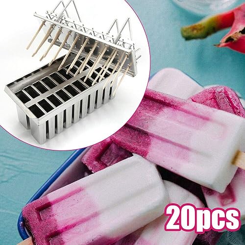 Miniatura 5 de Molde de paletas de hielo de acero inoxidable, kit de moldes para hacer paletas de hielo con estante, 20 moldes para hacer paletas de hielo con 100