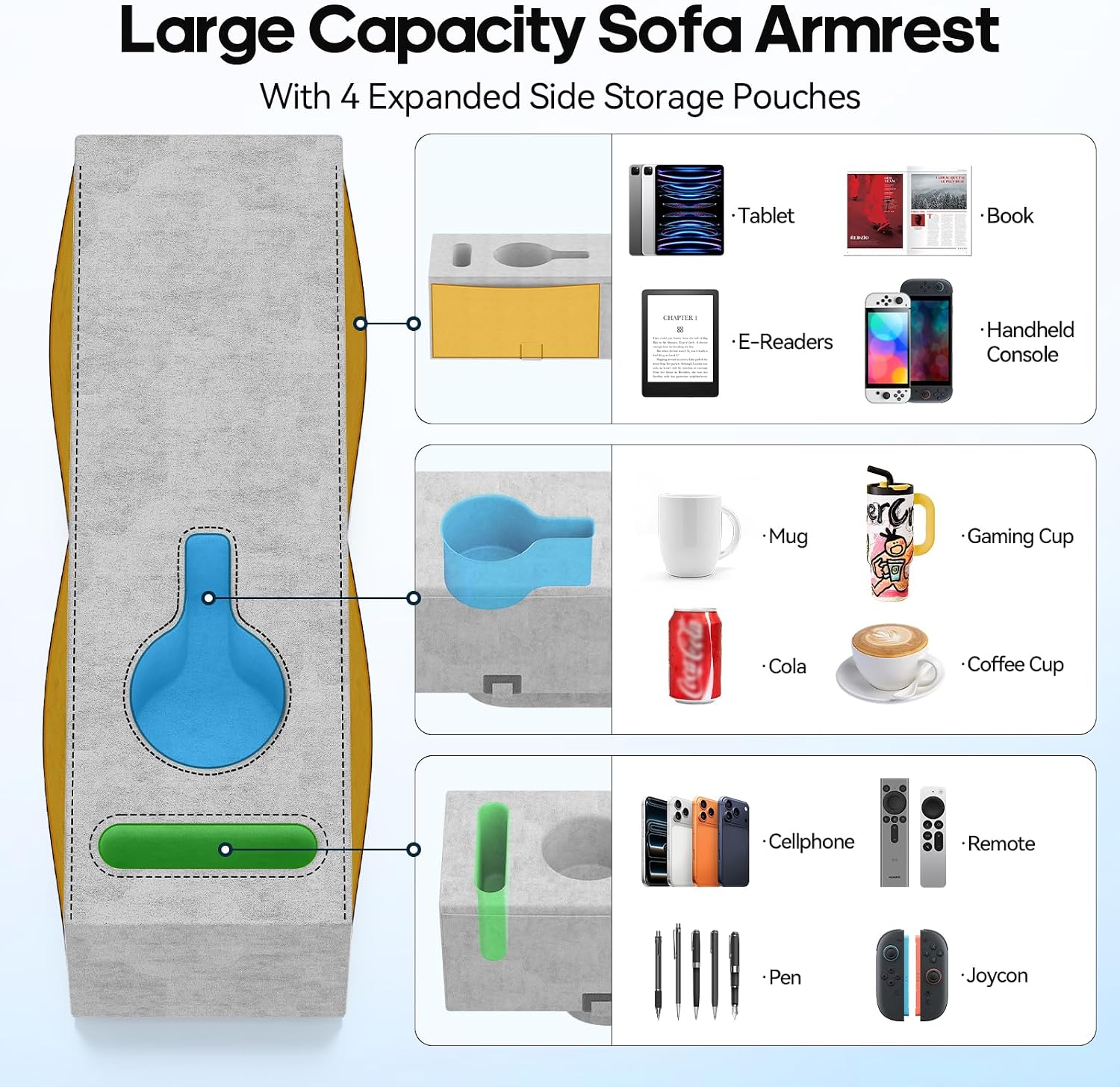 Sofa Armrest Couch Caddy with Cup Holder, Removable Couch Armrest Table Pillow Caddy Drink Holder Tray Insert Between Cushions, Sofa Acc Storage for Remote,Glasses,Phone,iPad and Magazines, Light Gray