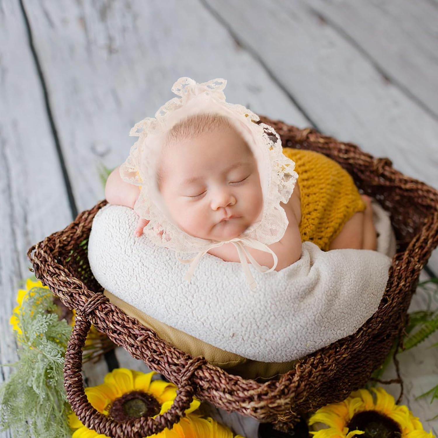 SHOWERORO Newborn Lace Bonnet Girl Baptism Hat Double Layer Beige Cotton Headwear 42-46cm Spring Autumn Hat for Baptism and Daily Wear