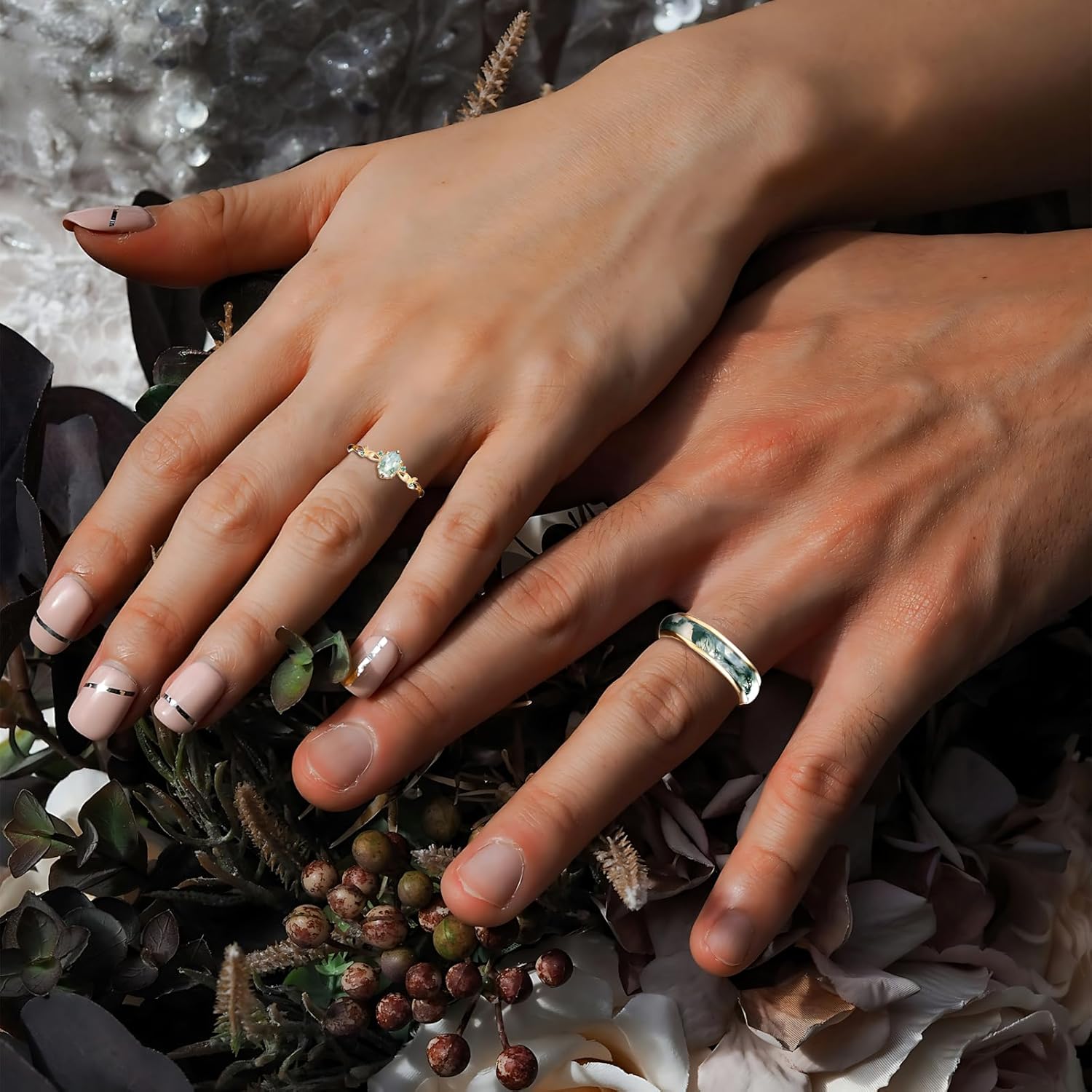 Natural Moss Agate Wedding Rings for Couple, S925 10K 14K 18K Gold Couple Rings Customized Promise Bands Sets for Him and Her for Anniversary Engagement Wedding-04