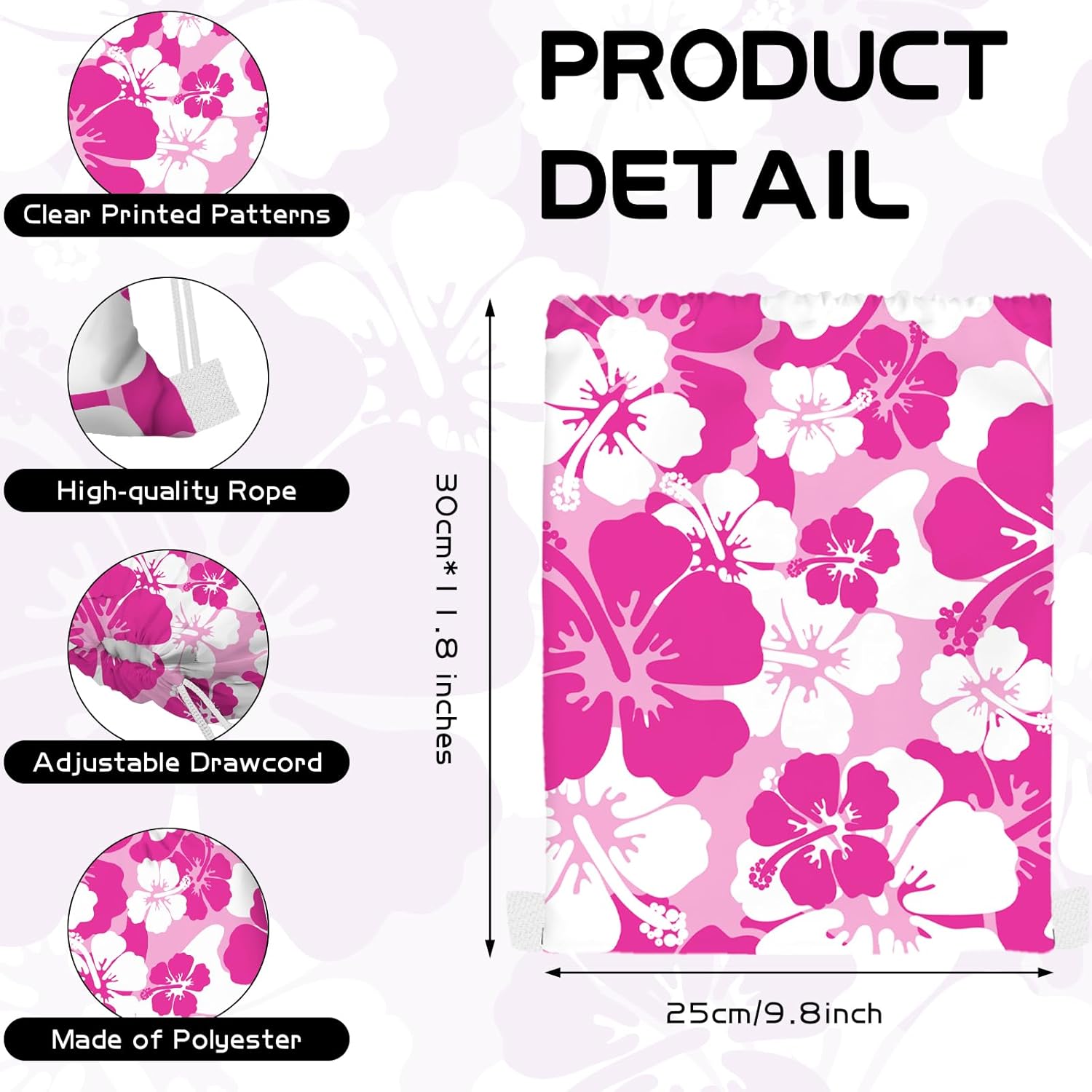 KERINGO 18 PCS Hibiscus Party Favor Hawaiian Themed Drawstring String Bag Backpack Summer Tropical Gift Tiki Luau Treat Hawaii Goodie Bags Kids Birthday Party Supplies - Image 2