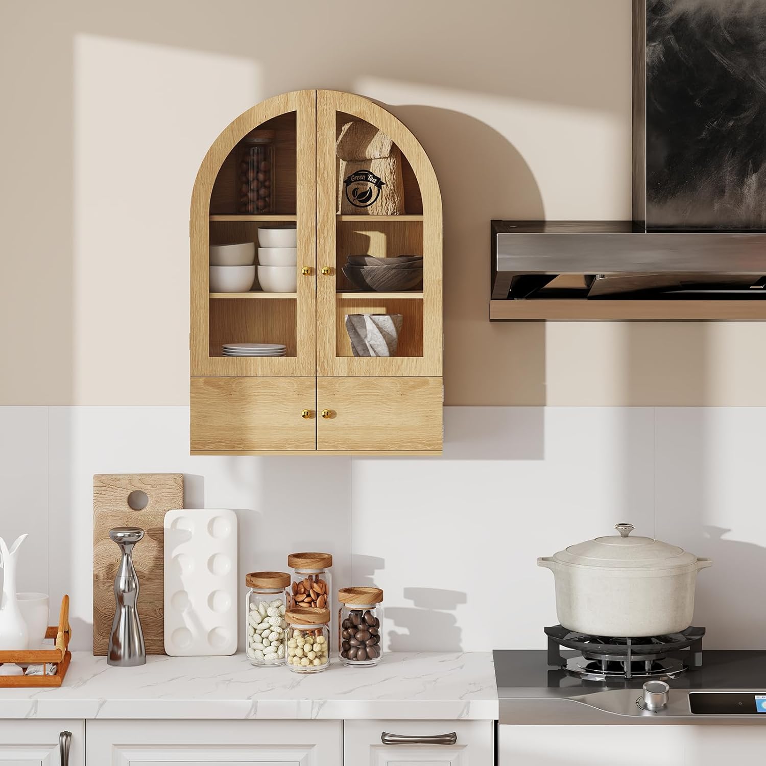 EAG Arched Wall Cabinet, Bathroom Medicine Cabinet with Glass Doors & Adjustable Shelves, Floating Storage Cabinet for Wall Over The Toilet Storage Cabinet Space Saver, Natural