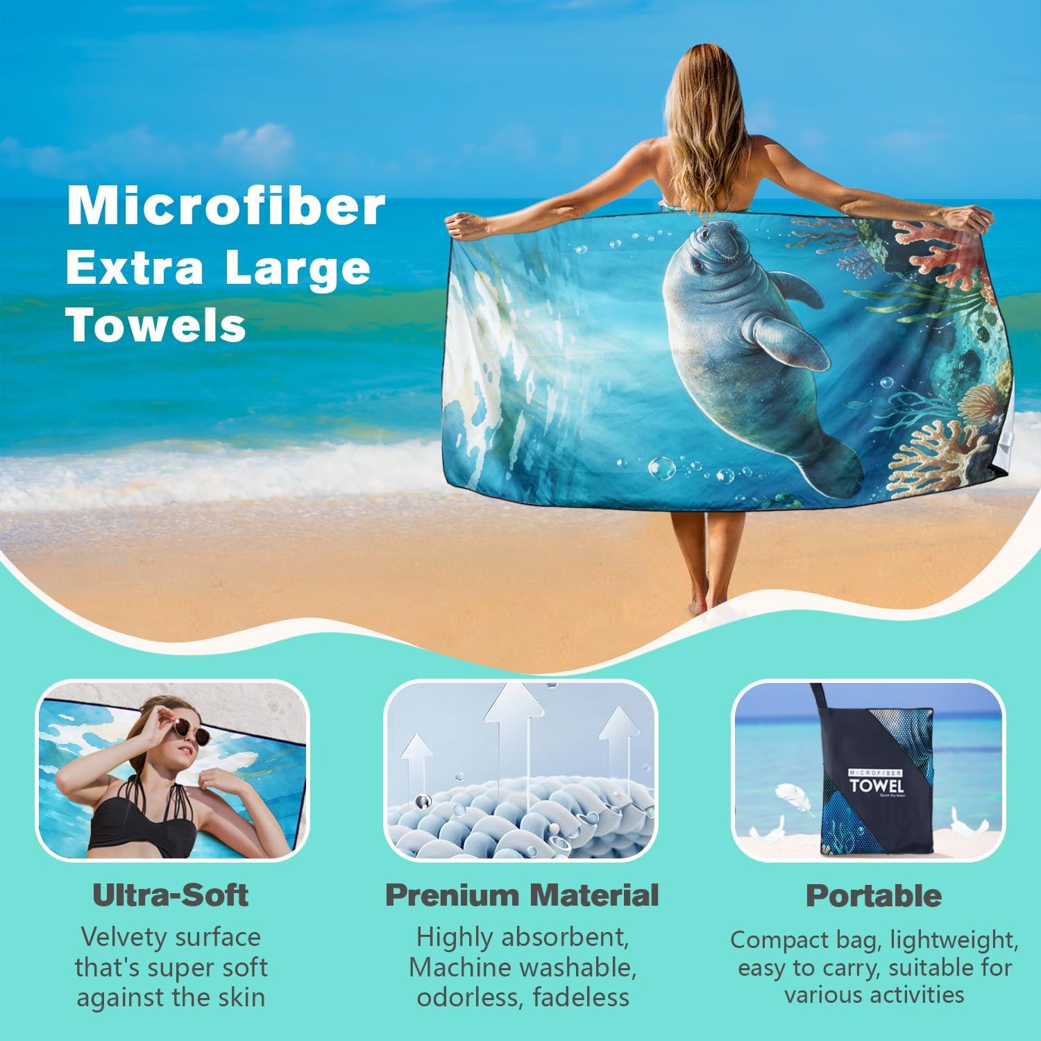Florida Manatee Beach Towel Oversized 36" x 72", Marine Animal Pattern, Sand Free and Quick Dry, Compact Lightweight Microfiber Towels for Swimming Camping Travel Sports