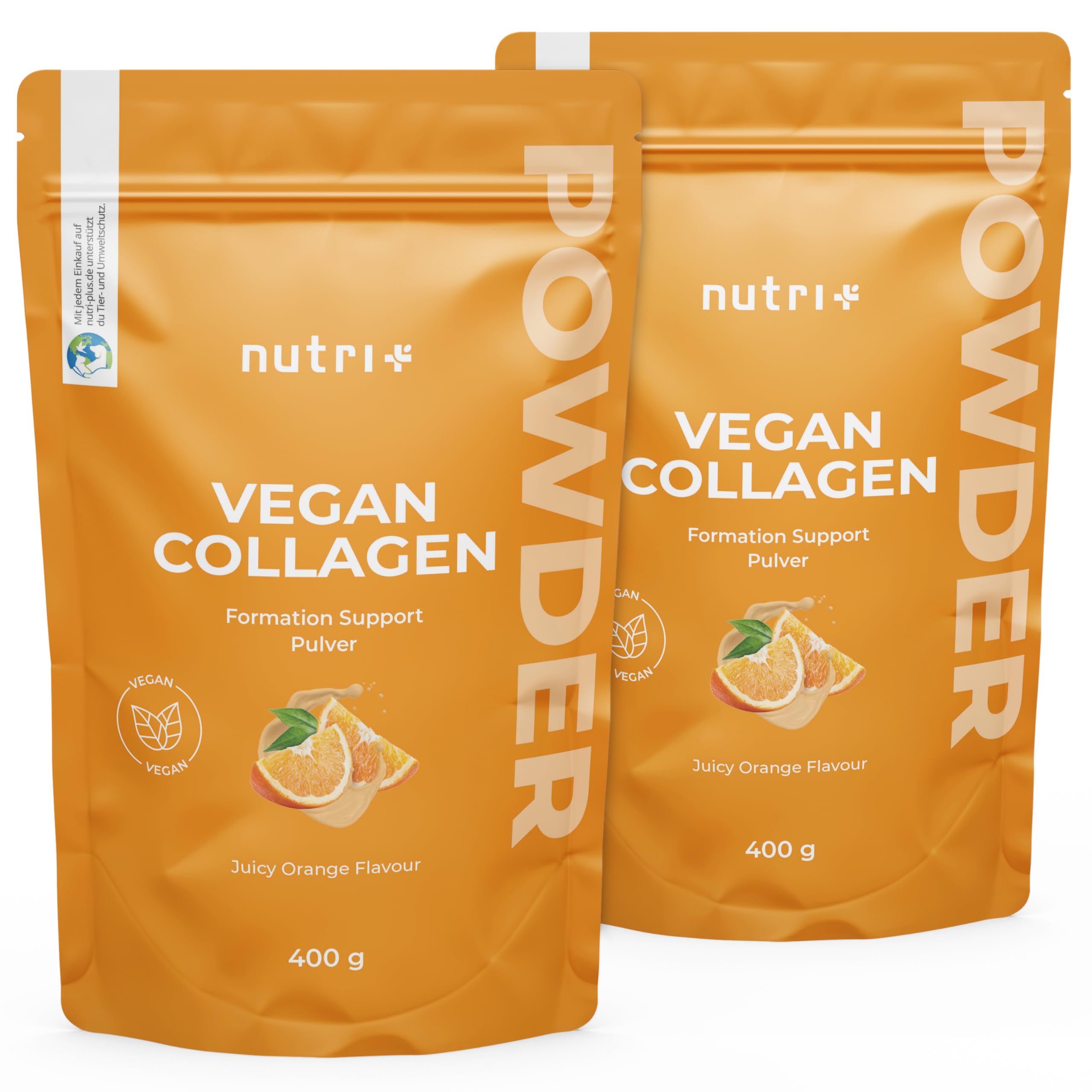 Nutri + Vegan Collagen Formation Support - Polvere Sostegno Formazione Peptidi di Collagene - con Acido ialuronico + Vitamina C per Pelle, Capelli, Unghie - 400 g Arancia
