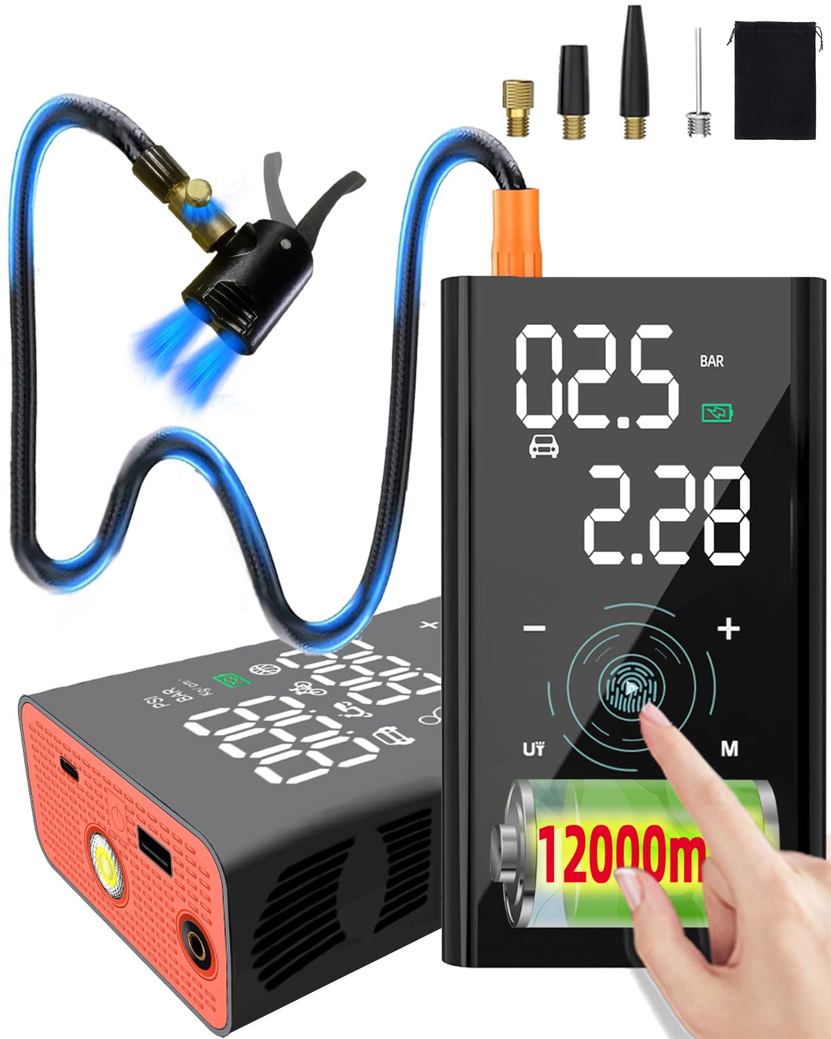12000mAh Inflador Ruedas Coche- Velocidad 4X, 150PSI Mini Compresor Aire Portatil Bateria, Inflador Electrico Bicicleta para Válvula Schrader/Presta/Dunlop, 10Bar Hinchador Ruedas Moto/Bici/SUV