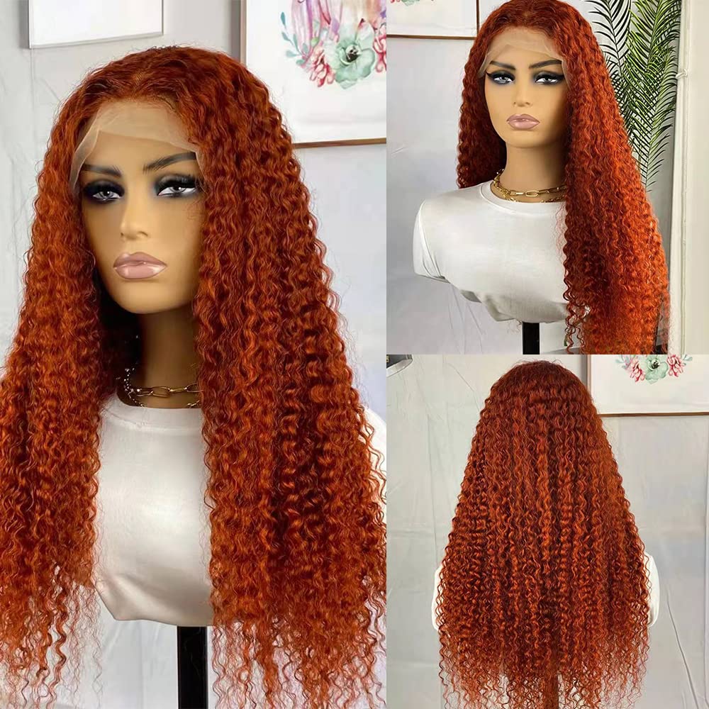 Pelucas de cabello humano rizado con encaje frontal de 22 pulgadas, con parte en T, pelucas de cabello humano rizado color naranja jengibre, densidad del 180%, peluca de encaje frontal de onda profunda, predepilada, peluca de cabello humano naranja quemad 7