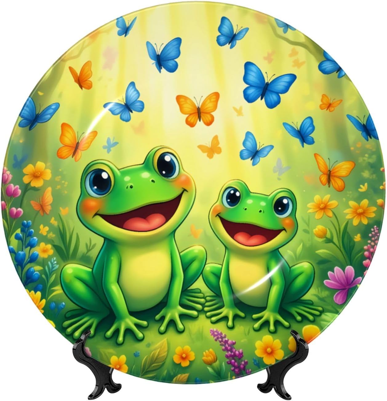 Froggy Forest Harmony Style Ceramic Plate Display Decorative Plate With Stand Wall Hanging Plate For Home Decor 10 Inch