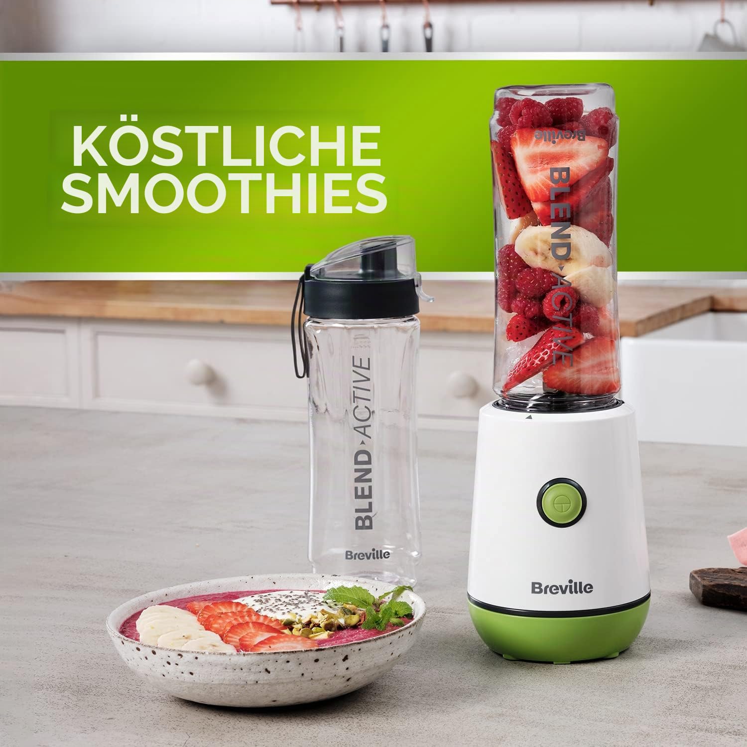 Breville Blend Active VBL252 persönlicher Mixer und Smoothie-Maker, 350 W, Familienpackung, 4 tragbare Mix-Active-Flaschen (300 ml, 600 ml), auslaufsichere Deckel, Weiß und Grün