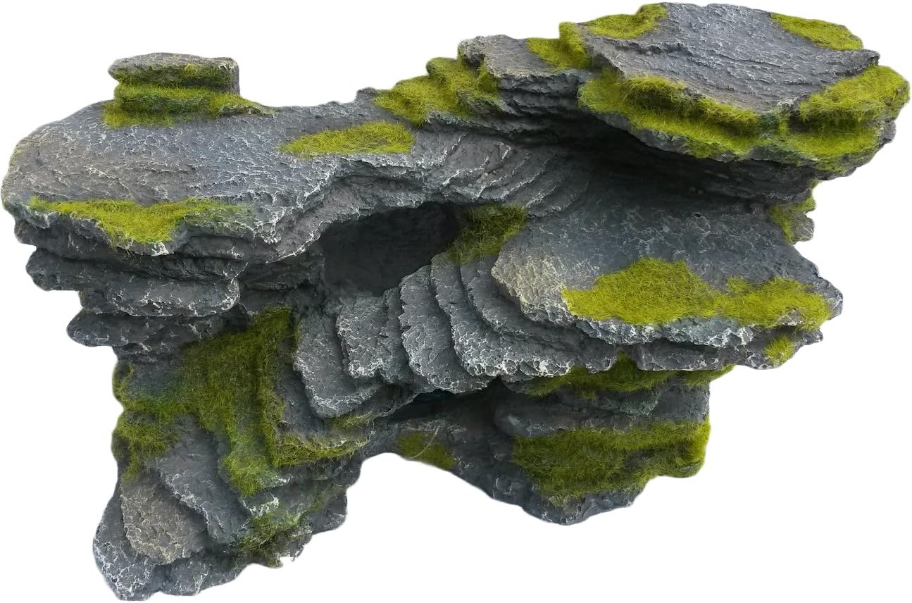 Natural Looking Aquarium Stepped Rock Ornament with Artificial Moss 12 Inches Long, Gray Slate Rock Mountain Ledge Artificial Bridge Decorative Resin Basking Rock Fish Tank Decoration