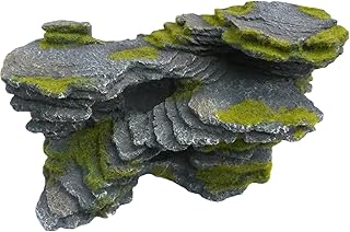 Natural Looking Aquarium Stepped Rock Ornament with Artificial Moss 12 Inches Long, Gray Slate Rock Mountain Ledge Landscape Artificial Fish Tank Decoration