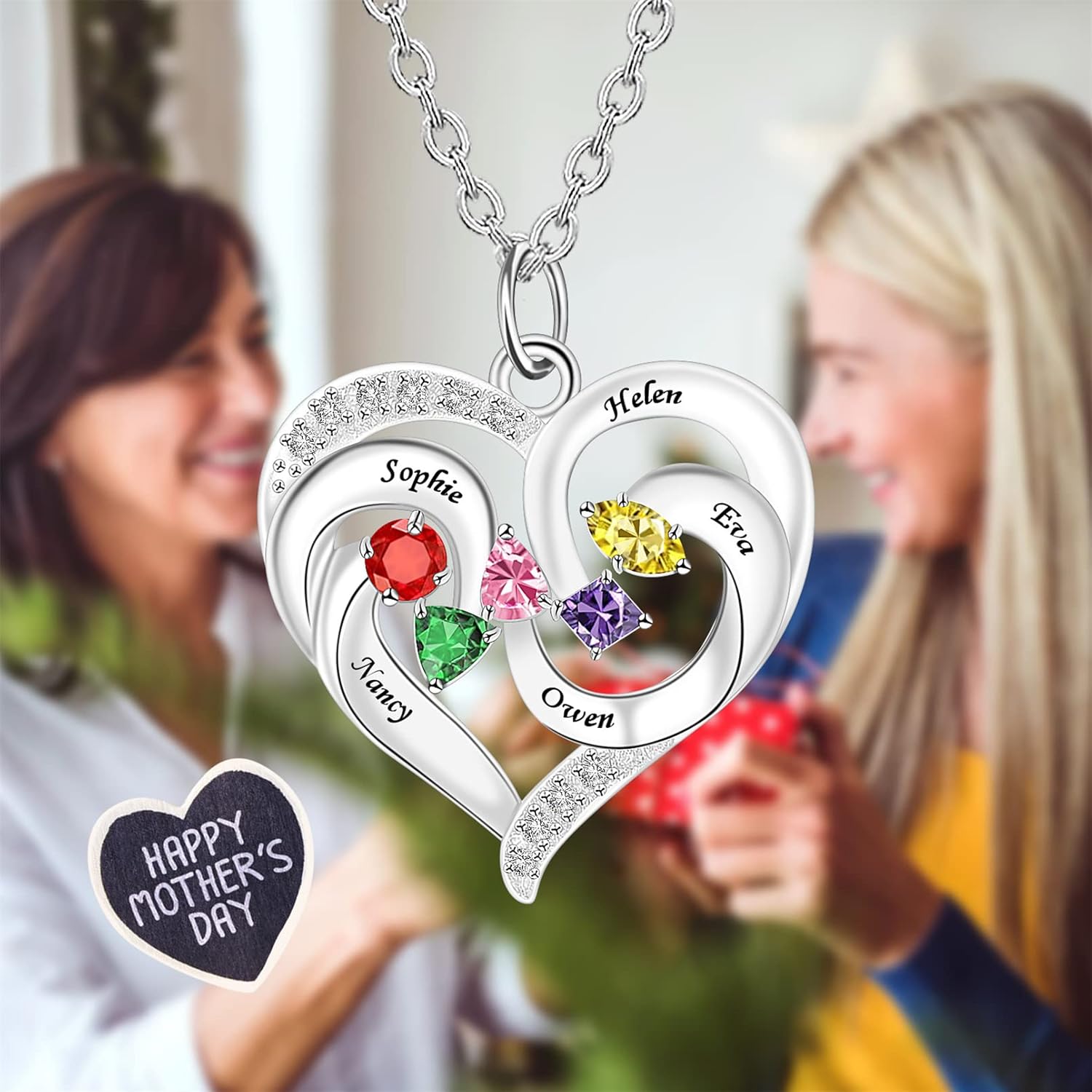 MissNaNa Personalized Multi-Shaped Birthstone Necklaces for Mother/Women/Wife/Her Family Necklace with 1-5 Names Round/Triangle/Pentagon/Princess Cut/Pear Birthstone Necklaces