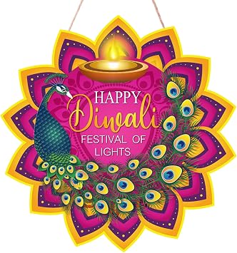 Tiamon Happy Diwali Door Sign Decoration Indian Peacock Wood Hanging Decor Diwali Front Door Hanger Indian Deepavali Festival Wooden Sign Lights Decor Plaque for Home Office Wall Yard PorchPurple