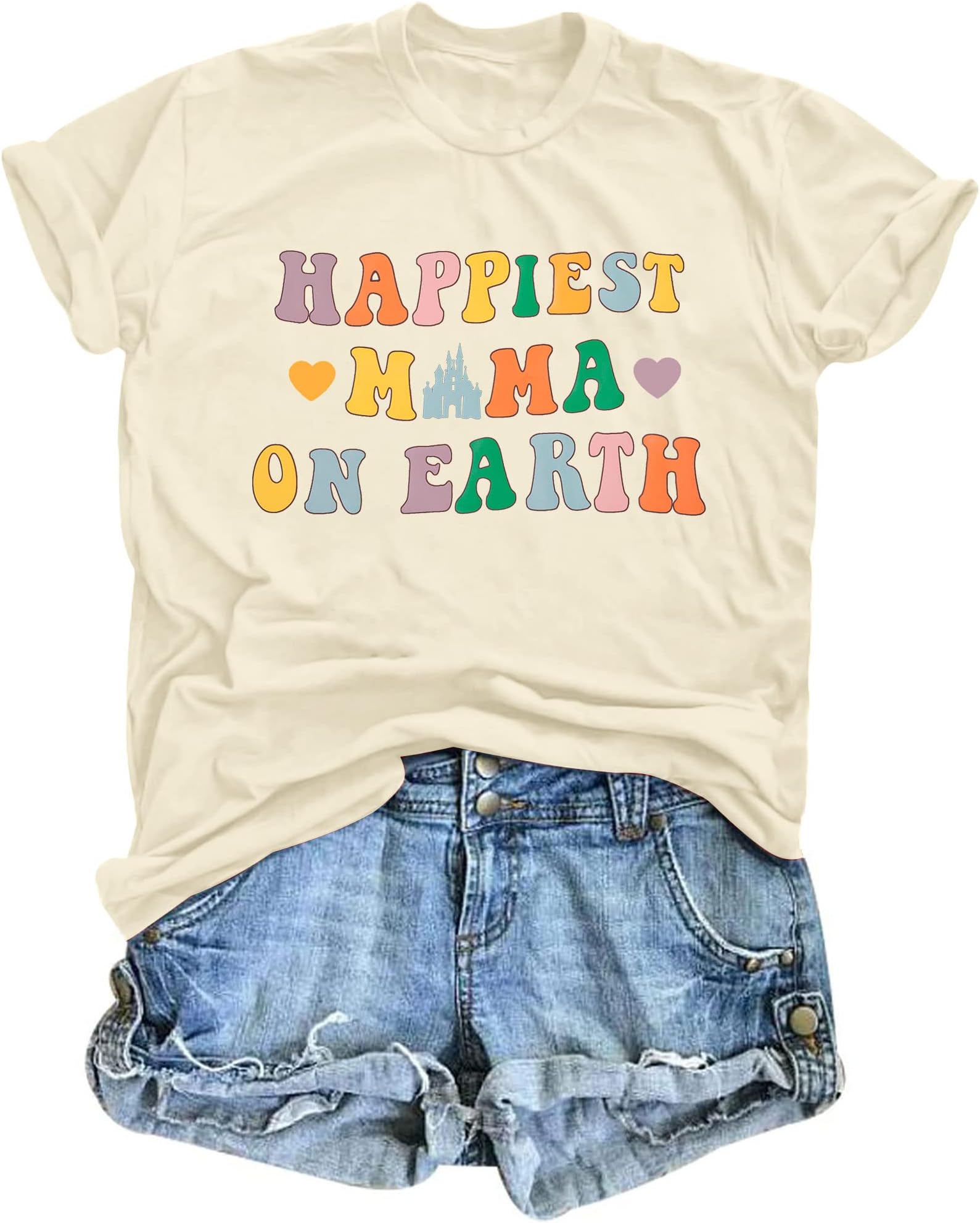 JINTING Mama Shirt Women Happiest Mama On Earth T-Shirt Funny Magic Kingdom Tee Shirts Short Sleeve Tops, Apricot, Large