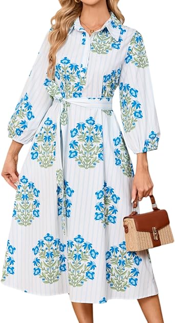 Womens Floral Midi Shirt Dress Summer Casual Button Down A-Line Dress 3/4 Puff Sleeve Belted Dresses with Pockets
