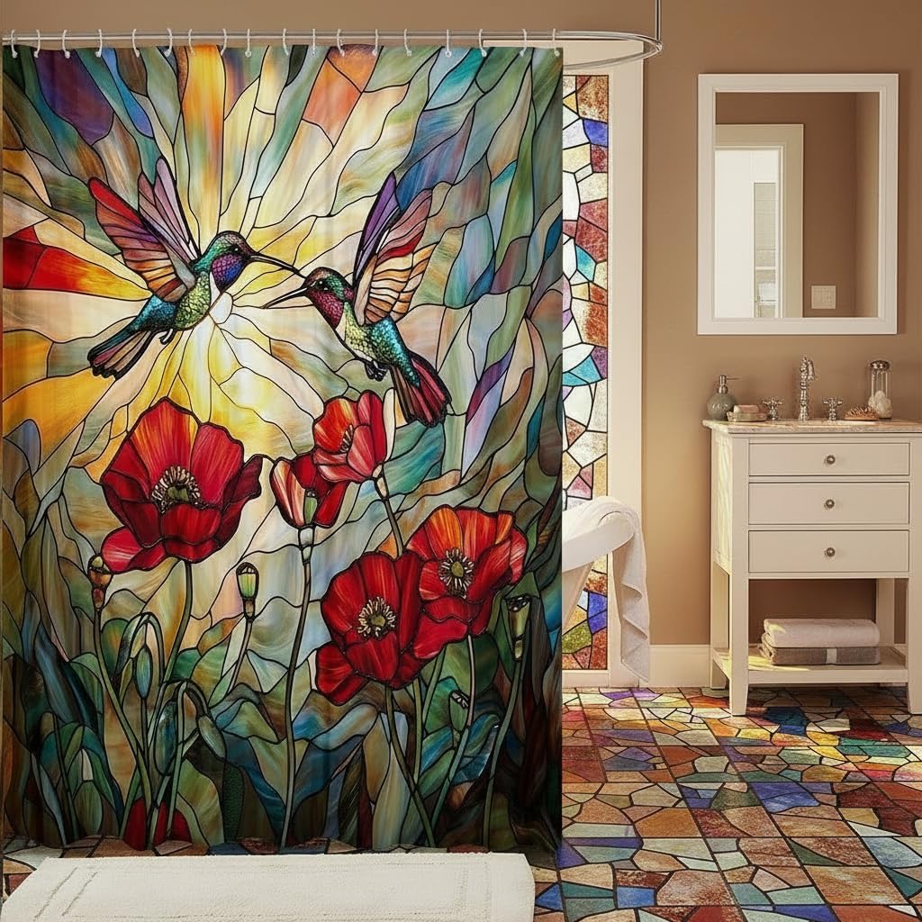 Manfei Hummingbird Bath Curtain with Hooks,Rustic Garden Poppy Red Flowers Botanical Waterproof Shower Curtain,Artistic Stained Glass Style Patchwork Bathroom Accessories,72x 78 Inches