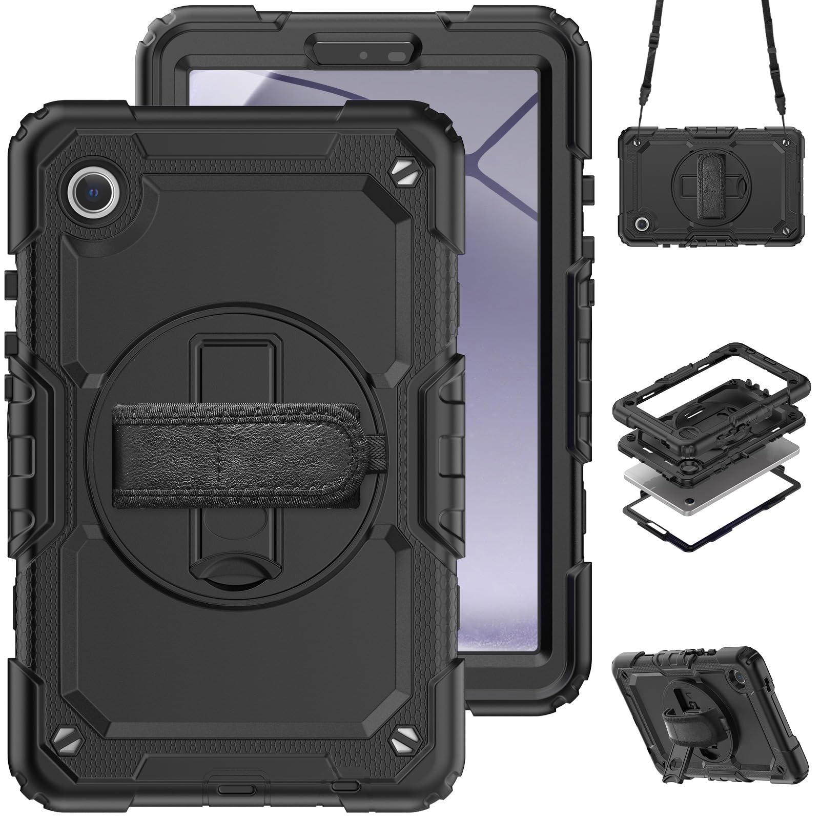 AVAKOT Case for Samsung Galaxy Tab A9 8.7 Inch 2023 Model (SM-X110/X115/X117) With Screen Protector & 360 Degree Swivel Kickstand & Hand Shoulder Strap Case for Galaxy Tab Tab A9 8.7 inch-Black