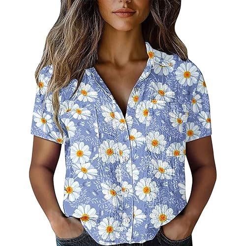 Summer Top,Womens Casual Short Sleeve Button Down Shirts V Neck Collared Shirt Tops Boho Blouses with Pockets