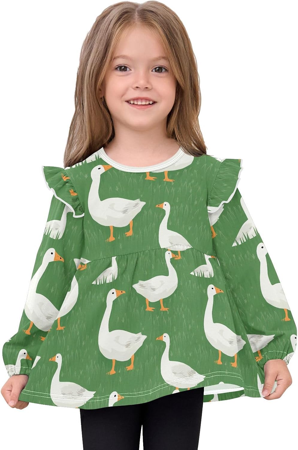 visesunny Toddler Clothes for Girls Grassland White Goose Long Sleeve Fall Shirts Cotton Top with Ruffle Collar