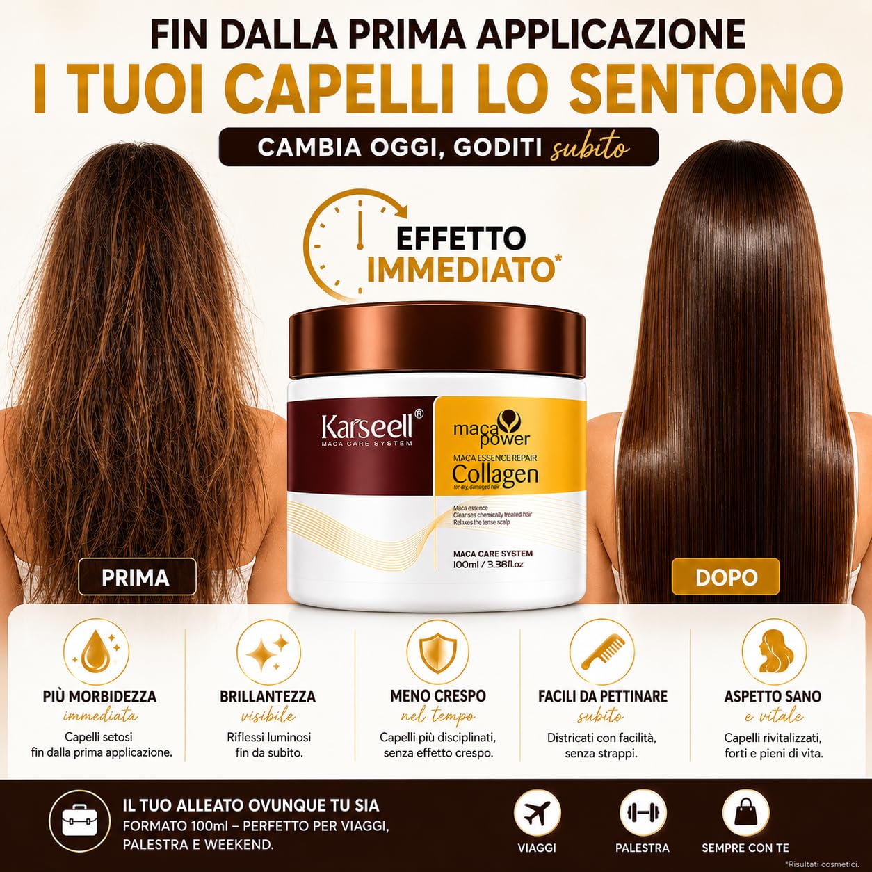 Karseell MACA CARE SYSTEM Maschera Capelli Professionale Collagene Argan Cocco Karité Nutriente Idratante Riparatrice Anticrespo Capelli Secchi Danneggiati Crespi Senza Solfati Formato Viaggio 100ml