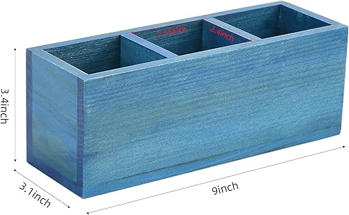 Miniatura 2 de dedoot Organizador de escritorio con control remoto de madera, soporte para lápices de madera azul, organizador de cajones de madera de 3 secciones,