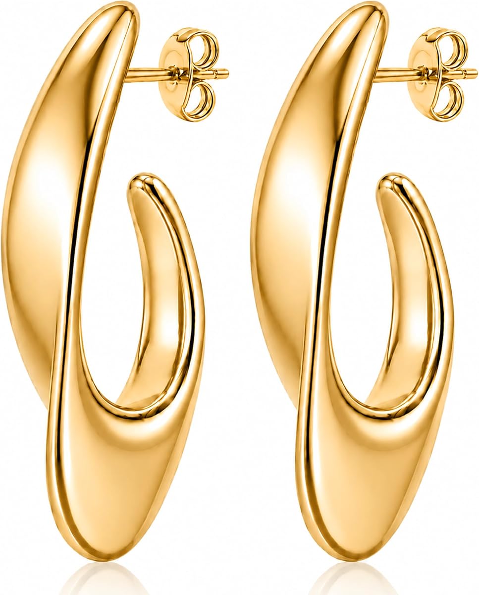 Gold Earrings for Women,14K Gold Plated Chunky Teardrop Hoop Stud Earrings for Sensitive Ears, Hypoallergenic Trendy Statement Jewelry Gift with Box for Daily Wear