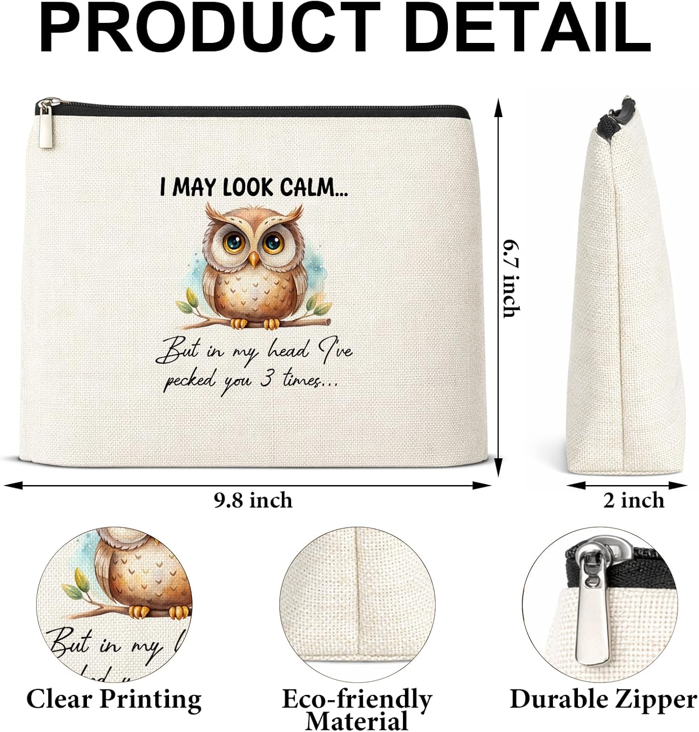 Owl Gifts Makeup Bag for Women Sisters Friends Coworkers, Funny Owl Gifts Cosmetic Bag, I May Look Calm Travel Storage Toiletry Pouch with Zipper - Image 2