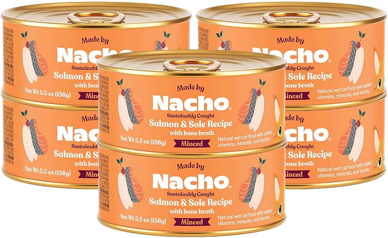Ração úmida para gatos Made by Nacho, patê de salmão e linguado sem grãos, Pacote com 6 latas de 156 g